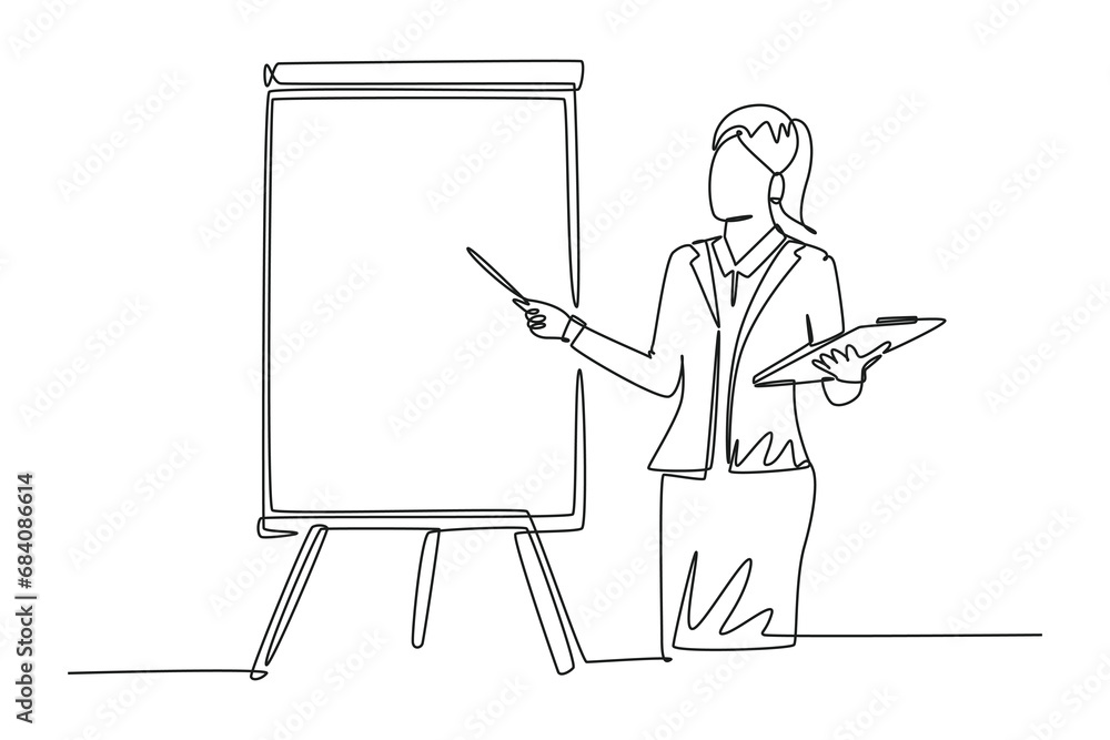Poster single continuous line drawing young female presenter pointing the finger to screen with marker. bus