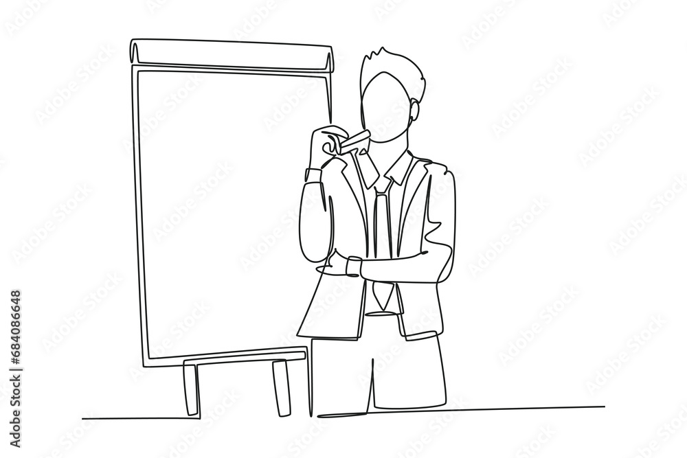 Aufkleber single one line drawing businessman presenter drawing graph chart on screen board while on meeting. 