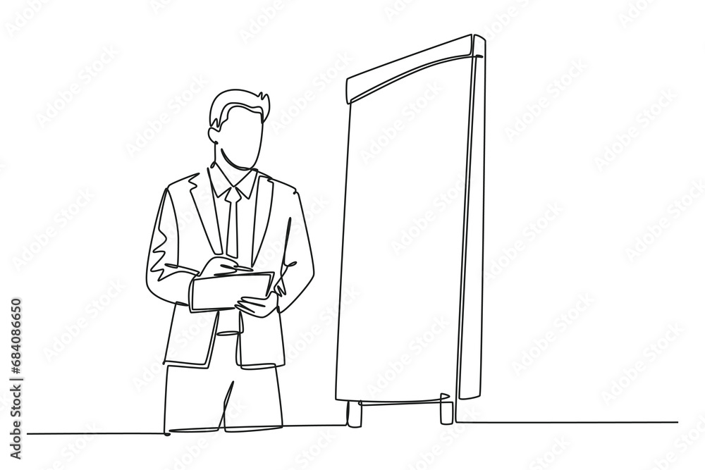 Aufkleber single one line drawing young presenter watching mess data graph on screen and thinking how to solve