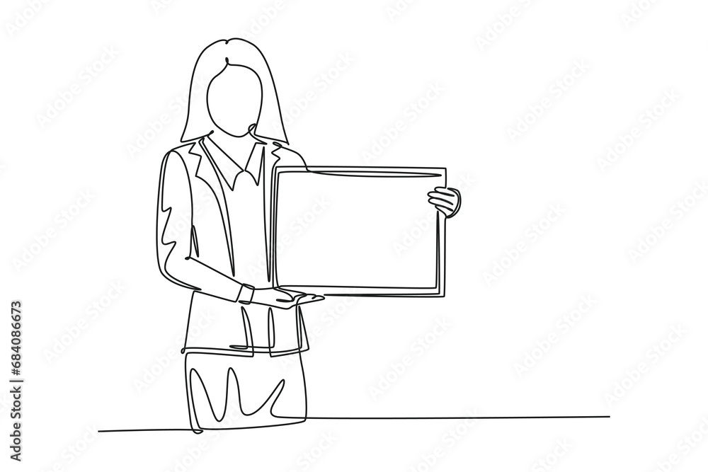 Aufkleber single one line drawing of young female presenter presenting new product launch using tablet while m