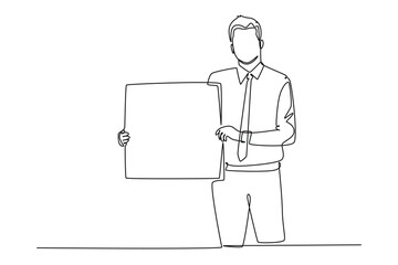 Single one line drawing young presenter holding big screen board to introduce new product of company. New product launch presentation concept. Continuous line draw design graphic vector illustration
