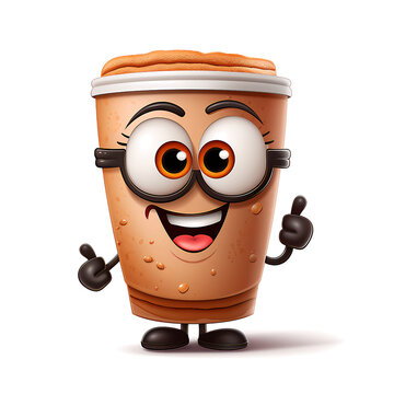 Mascot cheerful optimistic coffee cup, white background generative ai