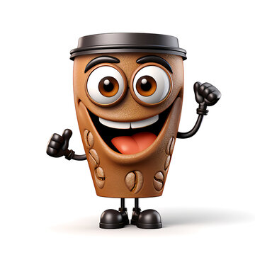 Mascot cheerful optimistic coffee cup, white background generative ai