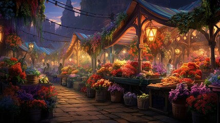 A vibrant flower market bustling with colors and fragrances, each bloom a testament to nature's intricate beauty.