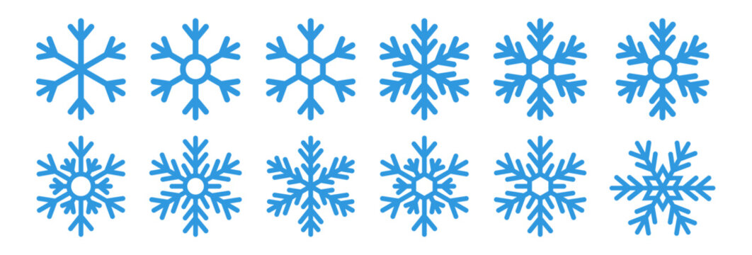 Set blue snowflake icons collection isolated on white background.	