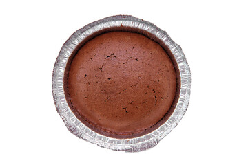 Overhead view of chocolate brownie in a baking foil dish