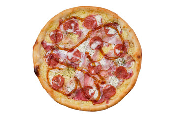 Top view of pizza with prosciutto, salami and barbecue sauce