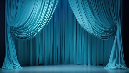 Blue velvet curtain opening screen. Elegance in performance. Theater curtain. Big stage entrance. Opera house