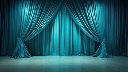 Blue velvet curtain opening screen. Elegance in performance. Theater curtain. Big stage entrance. Opera house