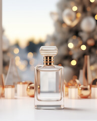 Mock up of elegant glass perfume bottle on table. Isolated in Scandinavian Christmas background with golden decorations. Beauty product packaging. Product photography. Holiday, winter celebration.
