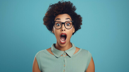 Young woman with blue hair and glasses looking shocked and surprised, surprised and amazed with...