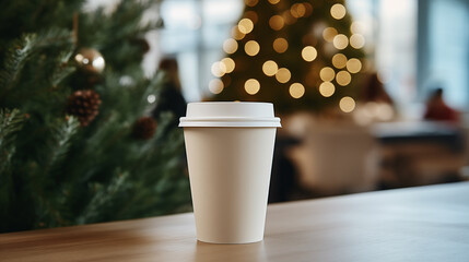 Paper cup with coffee сlose up. Coffee cup. Christmas tree with lights on the background. Holiday season. Time for drink coffee. Coffee to go. Take a break. Disposable paper cup. Mockup. Generated AI