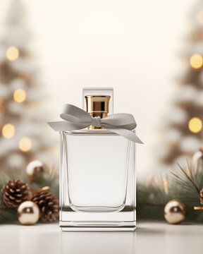 Mock up of elegant glass perfume bottle with bow. Isolated in calming Scandinavian Christmas background with decorations. Beauty product packaging. Product photography. Holiday, winter celebration.