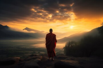 tibetan monk at sunset image created with ai, Generative AI  - obrazy, fototapety, plakaty