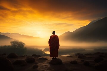 tibetan monk at sunset image created with ai, Generative AI  - obrazy, fototapety, plakaty