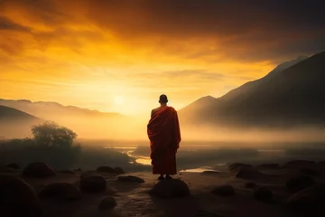 Papier Peint photo Orange tibetan monk at sunset image created with ai, Generative AI 