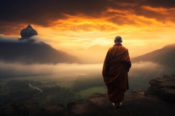 Fototapeta na wymiar tibetan monk at sunset image created with ai, Generative AI 