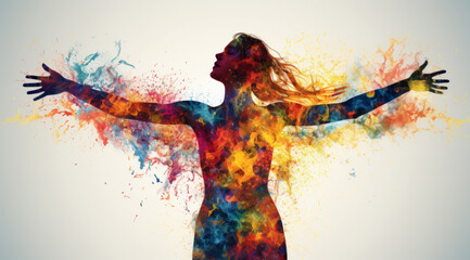 Obraz premium Silhouette of a woman with arms open wide amidst an explosion of abstract colours.