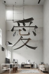 Japanese love motif,abstract geometric sculpture in studio