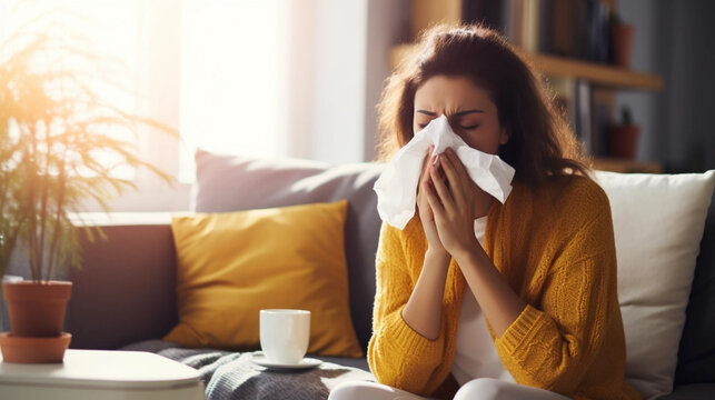 sick woman blowing his nose and coughing. ill with cold and angina flu. took day off and sits on sofa couch at home; sick woman blowing their nose while she sits on the couch at home.