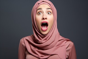 Shocked muslim woman with open mouth and bulging eyes looks at the camera and sees something incredible
