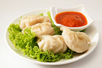 Veg Momos or Steamed Momos With Tamato Chilli Sauce