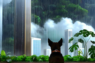 Make me an image of rain in the forest of buildings and a dog looking at the sky wet with rain GenerativeAI