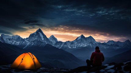 Sunset in the mountains. Climber and a tent enjoying the view - obrazy, fototapety, plakaty