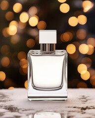 Mock up of elegant glass perfume bottle on table. Isolated in glistering Scandinavian Christmas background. Beauty product packaging. Product photography. Holiday, winter celebration.