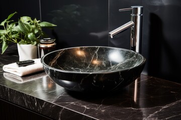 modern futuristic black marble sink in bathroom