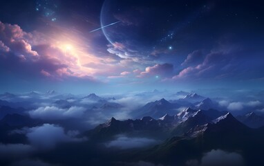 Naklejka premium Dreamy Night Sky Over the Majestic Mountains