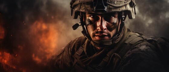 Determined soldier with combat gear against fiery background. Military service and bravery.