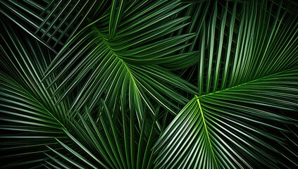 beautiful palm leaves in wild tropical palm garden, dark green palm leaf texture concept