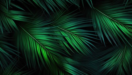 beautiful palm leaves in wild tropical palm garden, dark green palm leaf texture concept