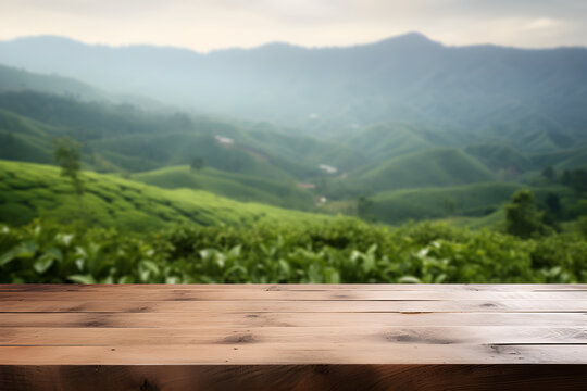 Empty wooden table light brown wood texture Blurred background, natural view Flower garden and blurred mountains