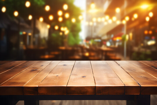 Empty wooden table light brown wood texture Blurred background, night city, bokeh, surreal lights