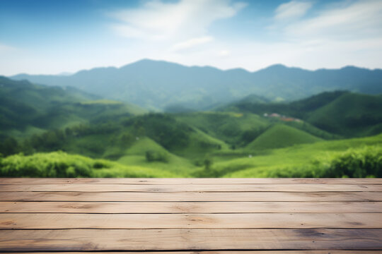 Empty wooden table light brown wood texture Blurred background, natural view Flower garden and blurred mountains