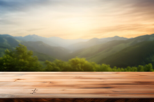 Empty wooden table light brown wood texture Blurred background, natural view Flower garden and blurred mountains