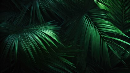 beautiful palm leaves in wild tropical palm garden, dark green palm leaf texture concept