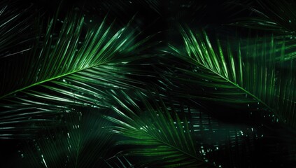 beautiful palm leaves in wild tropical palm garden, dark green palm leaf texture concept
