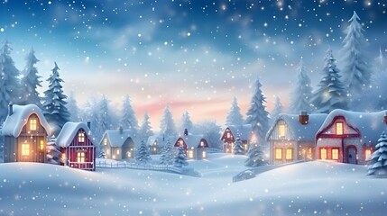 Charming storybook town covered with snow, with glowing windows and a magical night backdrop