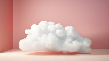 Fluffy cloud indoors against a soft pink backdrop.