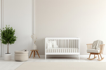 Minimalist interior of cozy nursery room with a white crib. Generative AI