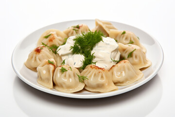Russian meat dumplings pelmeni. Boiled dumplings with greenery dill and sauce. Cooking dough products with meat. Generative AI