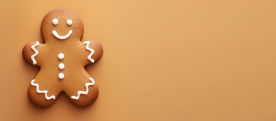 Close up of Christmas gingerbread on brown background. Copy space on right. Design element for Christmas and New Year. Top view.