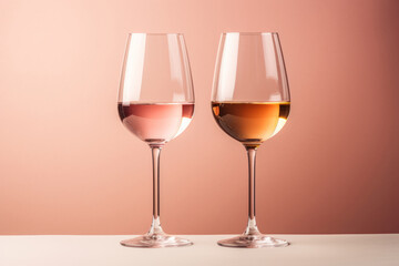 Two wine glasses containing white and rose wine on pastel background. Generative AI