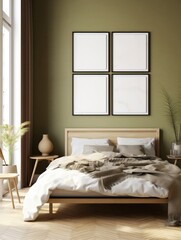 Mockup poster frame in bedroom, Scandinavian style, 3d render, Generative AI 