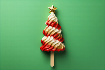 Christmas tree shaped ice cream cone,, green red and gold colors - obrazy, fototapety, plakaty