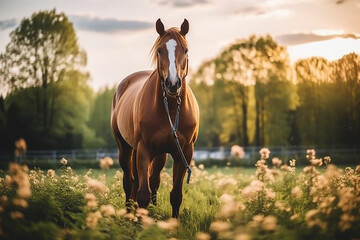Beautiful horse on pasture in spring - obrazy, fototapety, plakaty