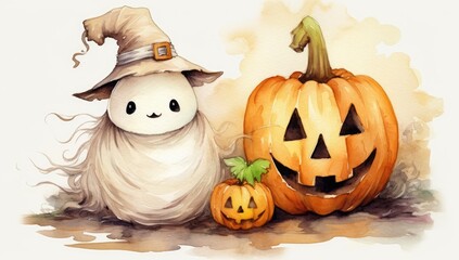 Halloween pumpkin with cute face and white ghost. Festive decoration for Halloween.